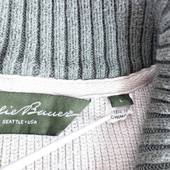 Eddie Bauer Quarter Zip Sweater Cream Striped Ribbed Knit Mens Large Pullover - Picture 5 of 9